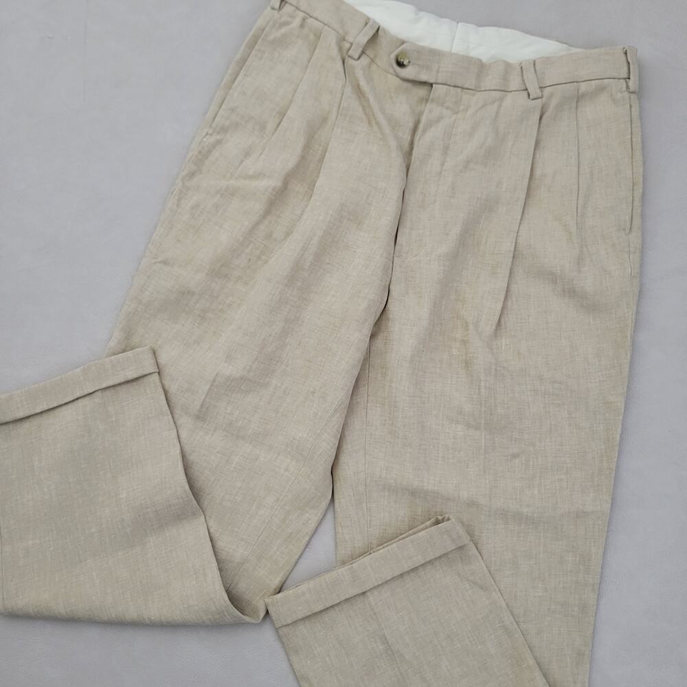 Vintage Jos A Bank Pants Mens 36x30 Linen Cuff Pleated Loose Fit - Picture 4 of 13